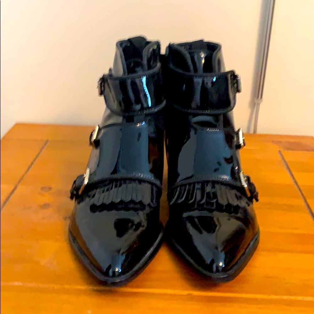 Massimo Dutti Black Patent Leather Ankle Boots with Buckles